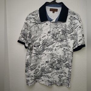 Porto Sur Men's Cotton White Blue Floral Print Polo Shirt Sz M